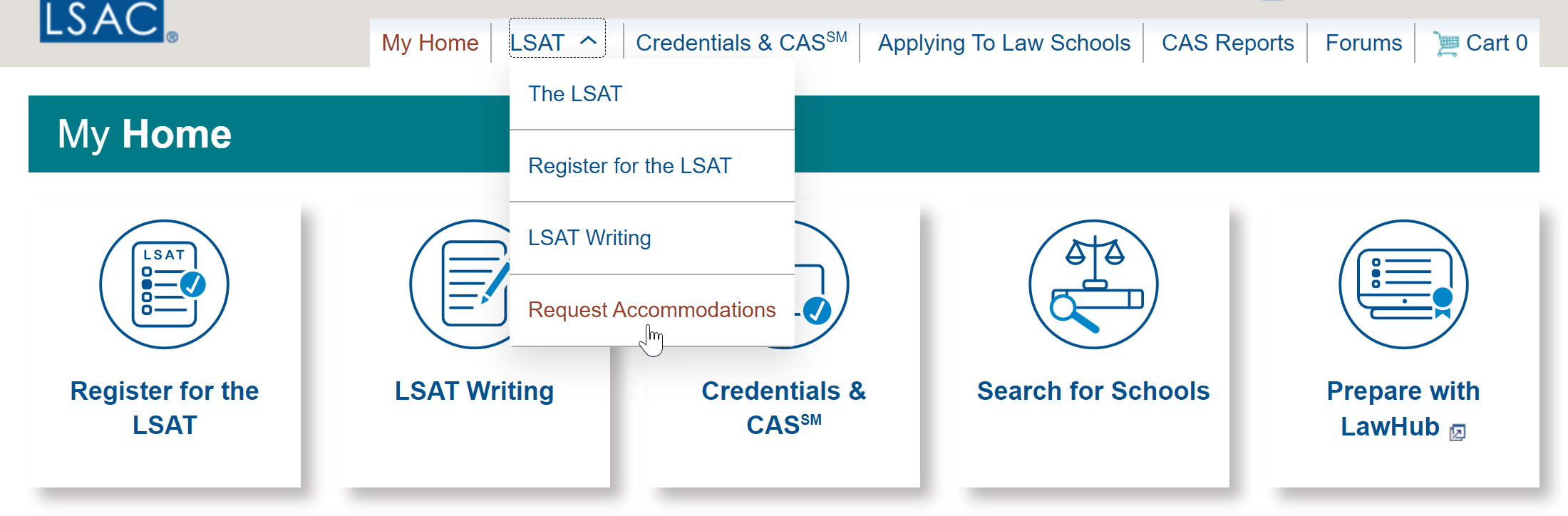 LSAC online account My Home screen. The “LSAT” submenu is expanded in the main navigation. The “Request Accommodations” link is listed in this submenu.